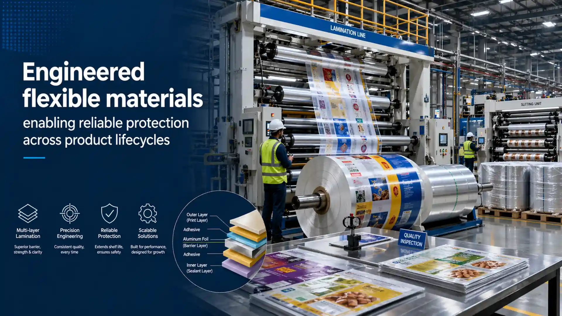 laminated packaging manufacturer in India showing advanced lamination line producing flexible packaging materials with precision