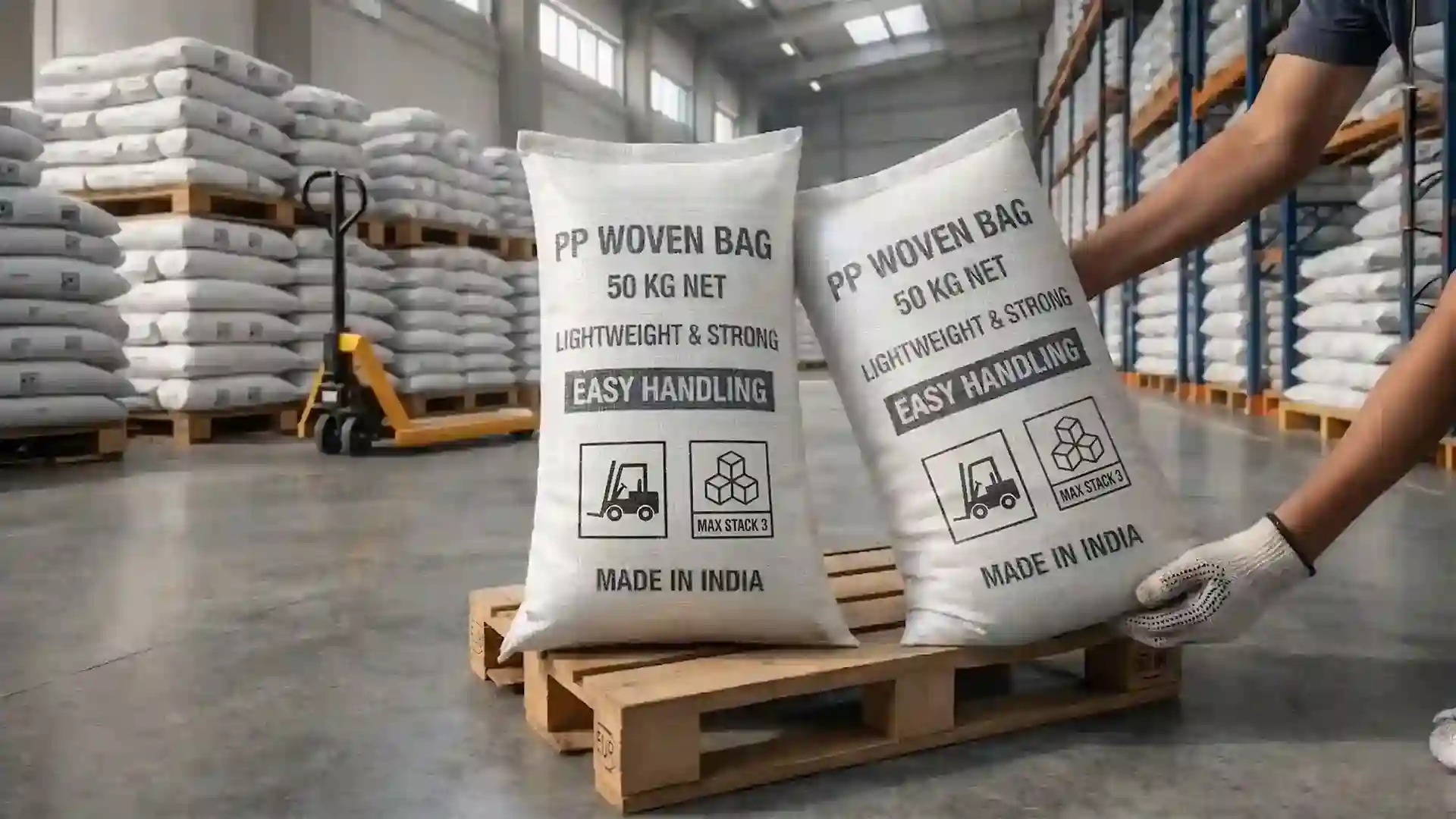 worker placing 50 kg PP woven bags on wooden pallet in warehouse with stacked industrial bags in background