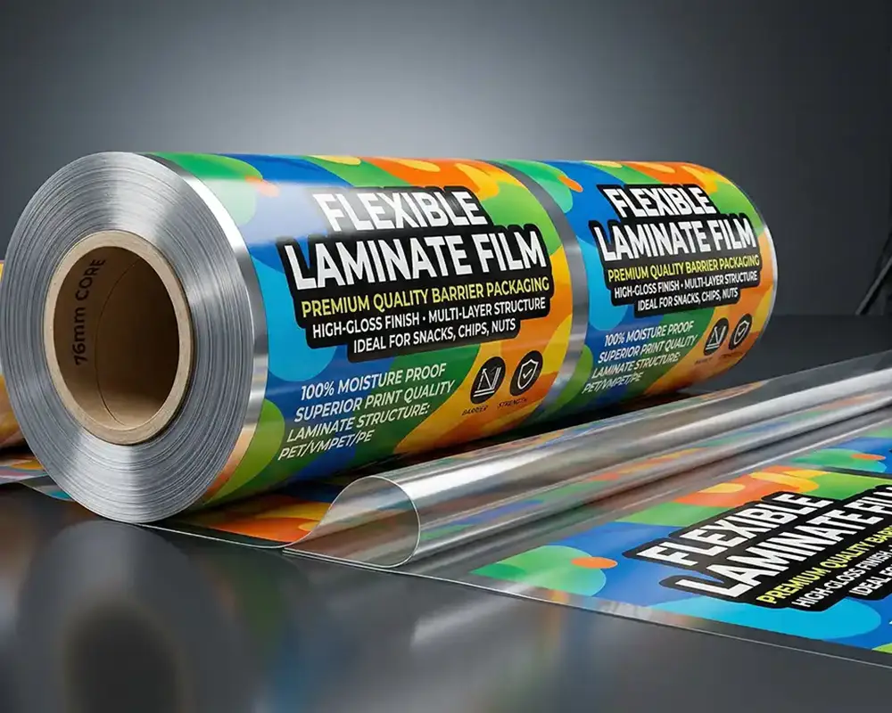 rolls of flexible laminate film with printed packaging design used for snacks and food products by best flexible laminates brand in India