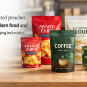 Various flexible laminated pouches for snacks, coffee, flour, and dry fruits displayed on a table, representing a leading Laminated Pouch Manufacturer in India