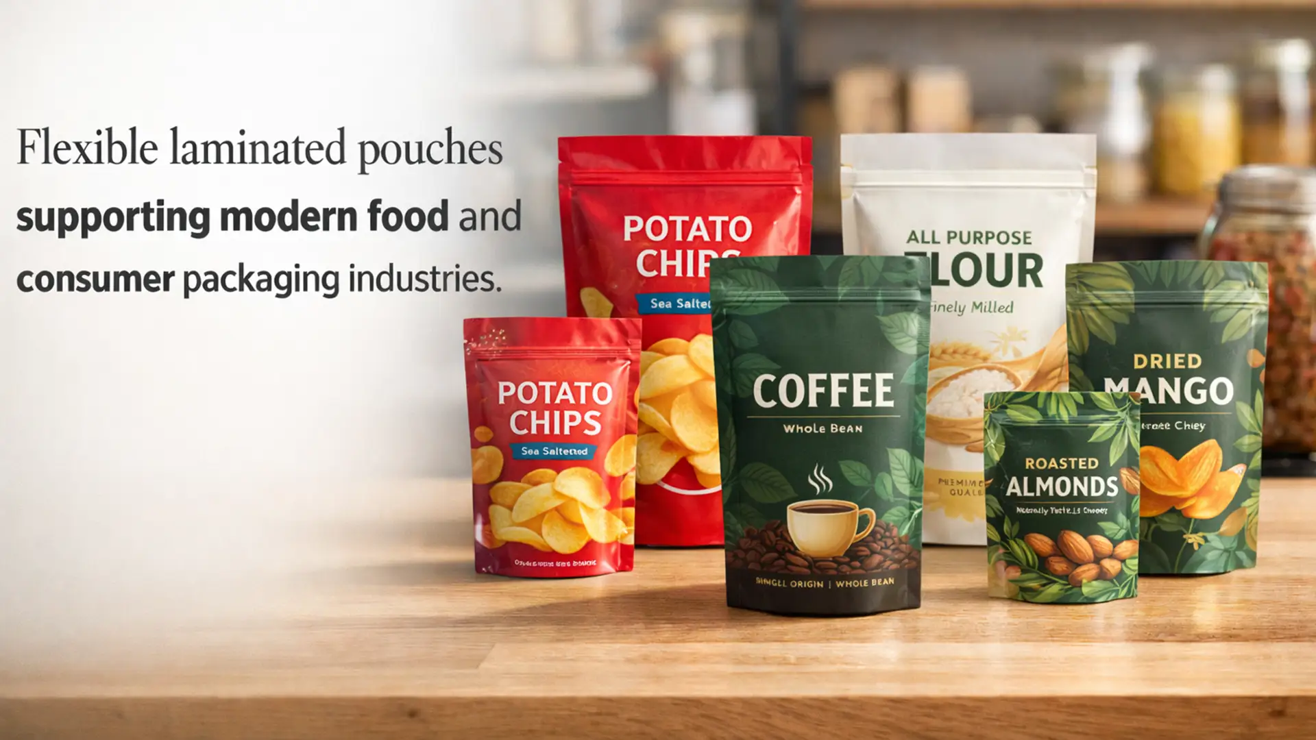 Various flexible laminated pouches for snacks, coffee, flour, and dry fruits displayed on a table, representing a leading Laminated Pouch Manufacturer in India
