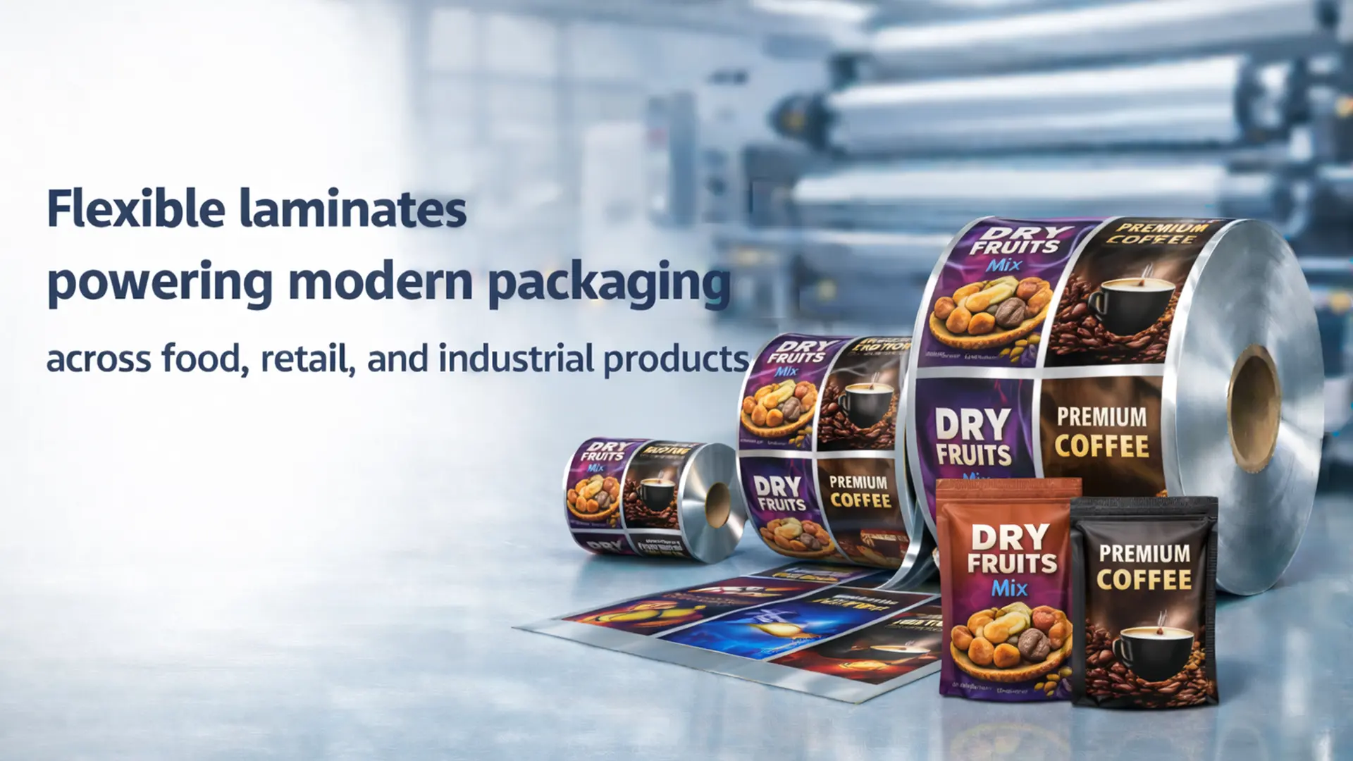 Best flexible laminates brand in India showing printed laminate rolls and flexible packaging pouches for food and retail products