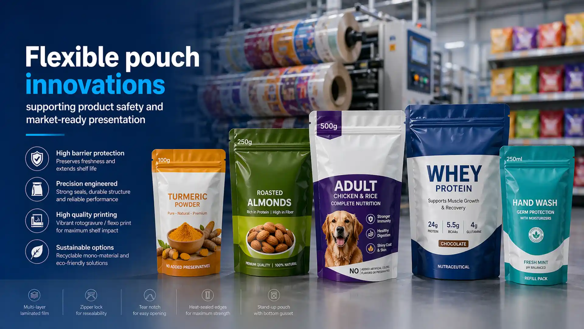 best laminated pouch brand in India showcasing flexible stand-up pouches with high barrier protection and vibrant print quality