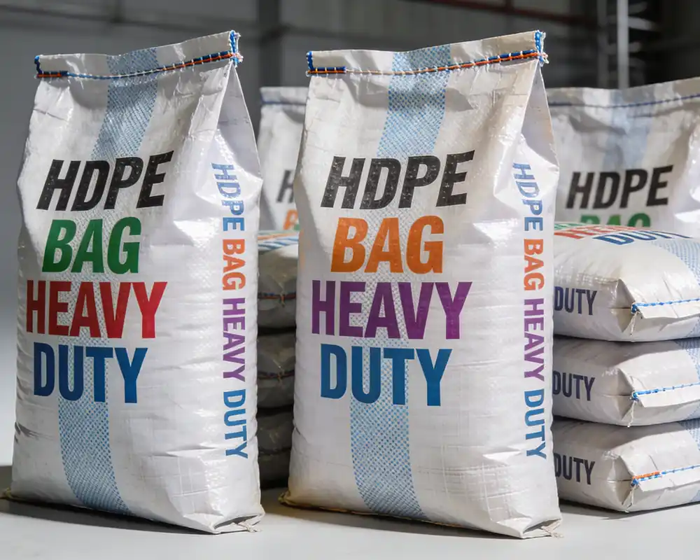 stacked hdpe woven bags labeled heavy duty used for industrial storage and transport by best hdpe woven bags brand in India