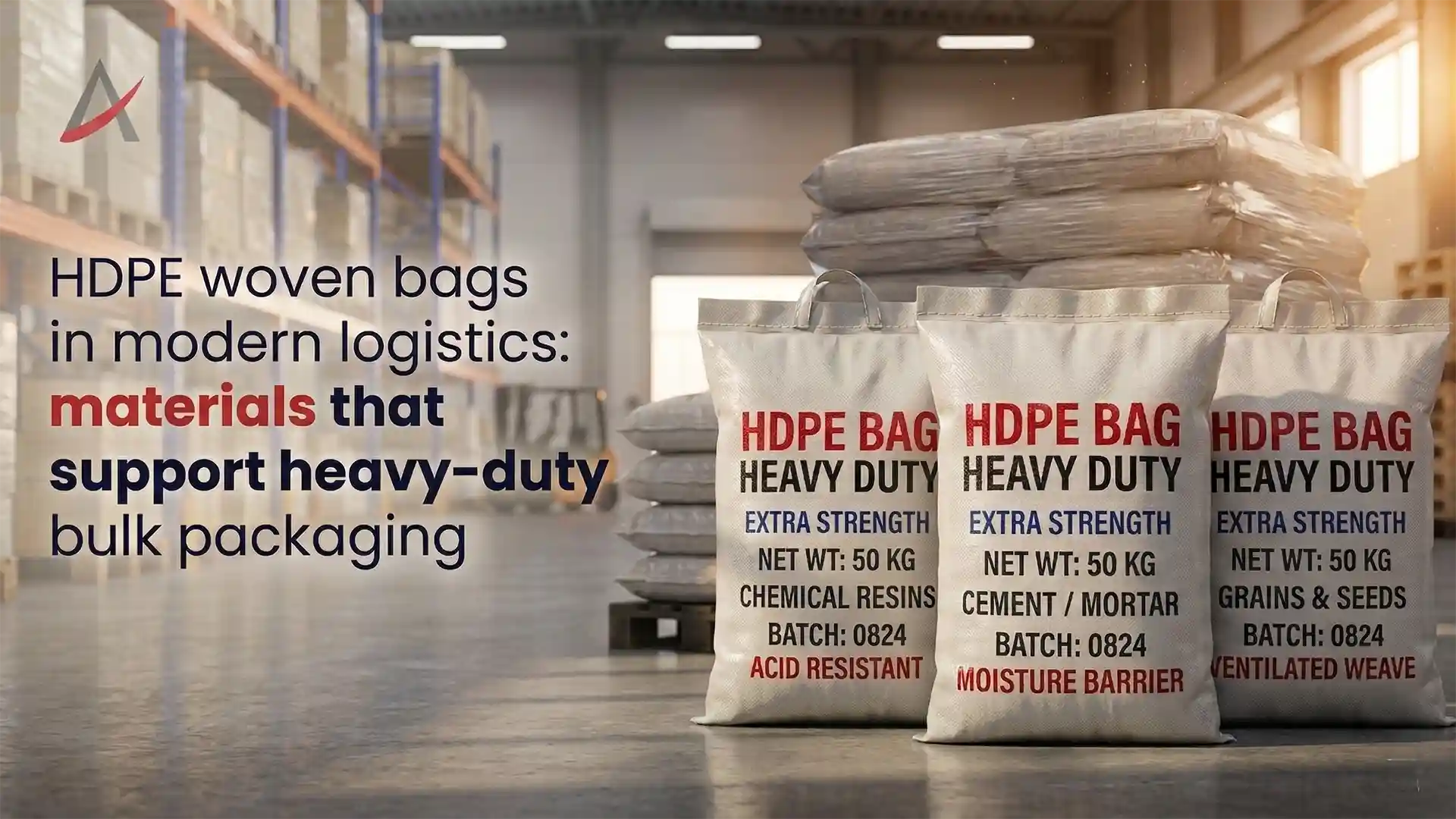 Heavy-duty HDPE woven bags filled with industrial materials stacked inside a warehouse, showing durable bulk packaging from the Best HDPE Woven Bags Brand in India