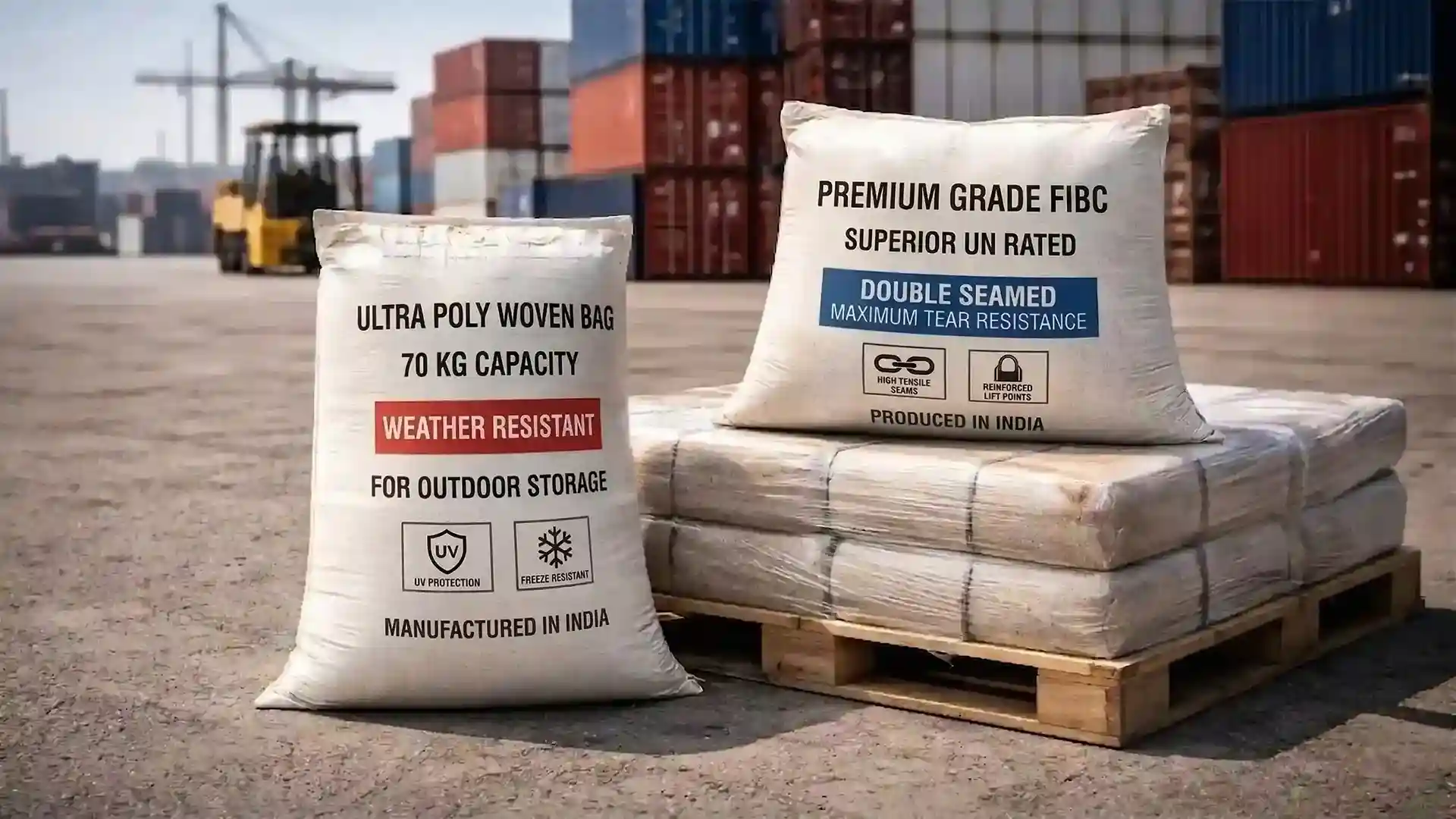 large polypropylene bulk bags on pallet at warehouse yard used as packaging solution for new business