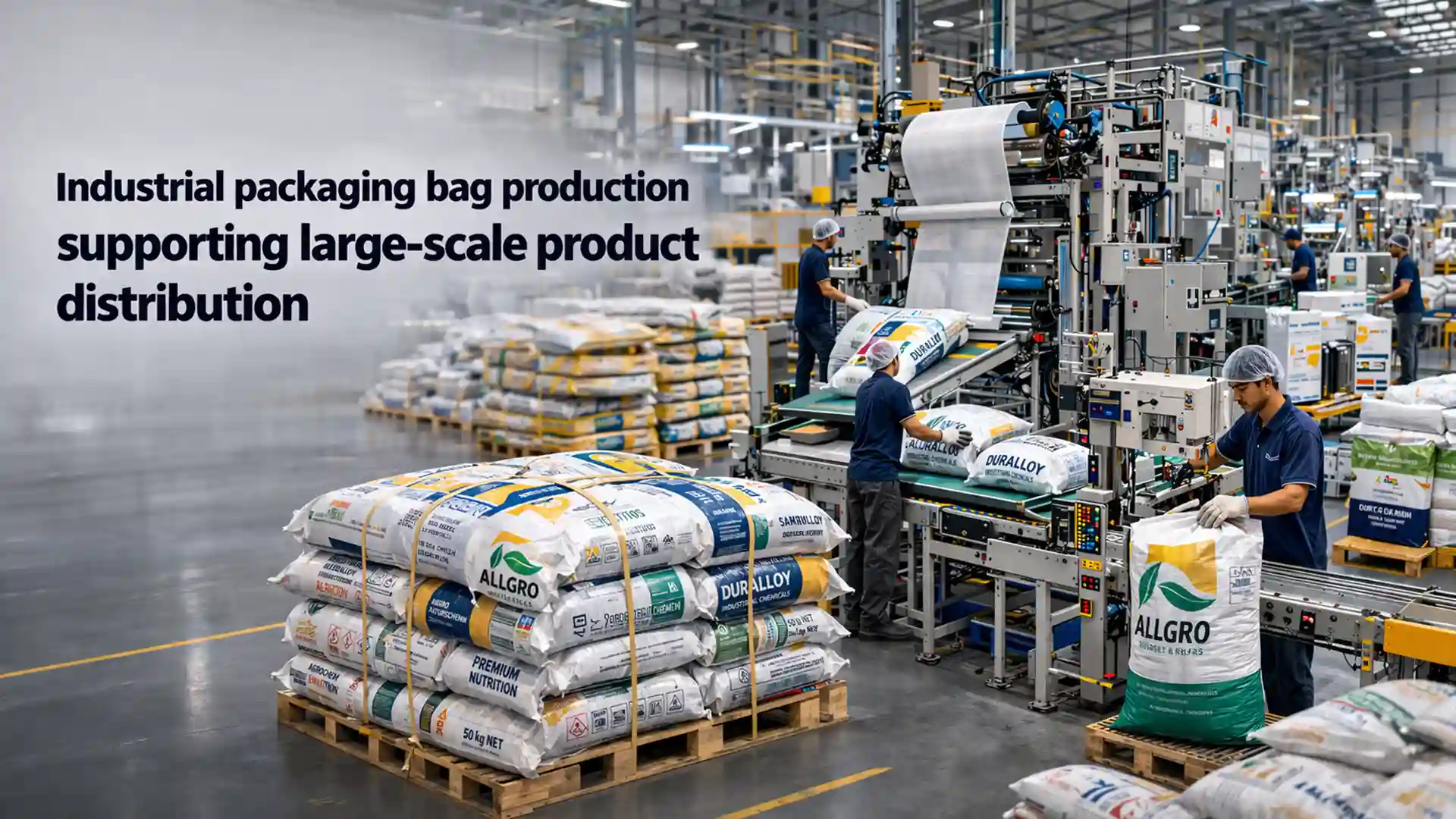 Industrial packaging bag manufacturing unit producing heavy-duty bulk bags for product distribution, representing the Best Packaging Bag Factory in India