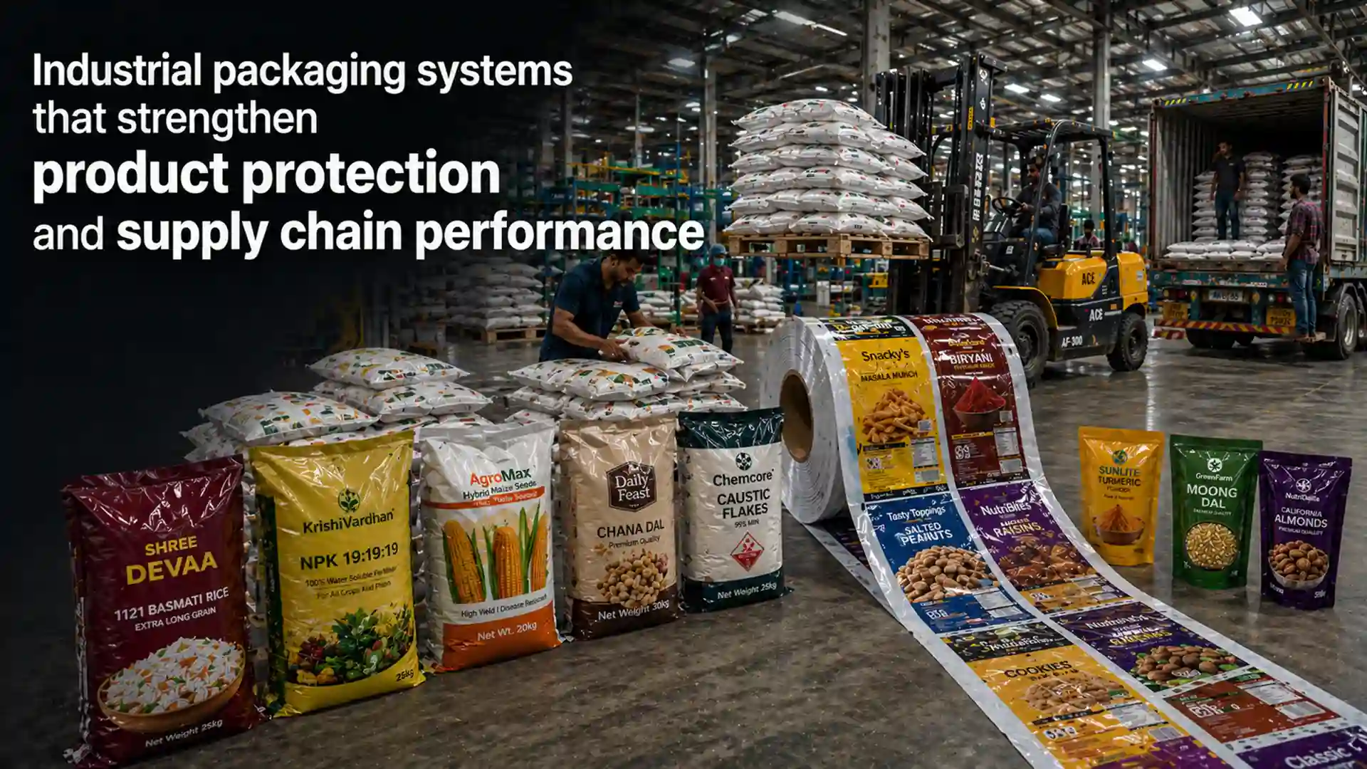 best packaging manufacturer in India showcasing industrial packaging bags and laminated rolls used for bulk storage and transportation