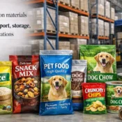 Various flexible packaging bags and laminated packaging materials displayed in a warehouse with logistics storage racks, representing a Trusted Tarpaulin & Packaging Manufacturer