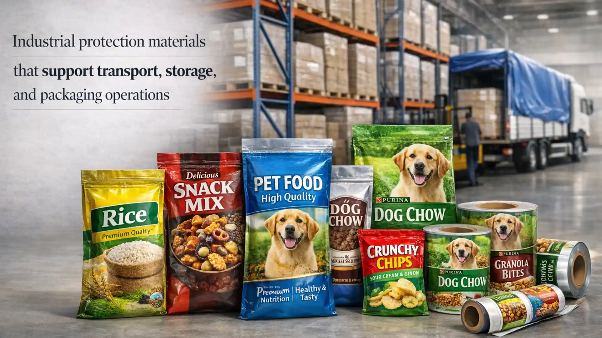 Various flexible packaging bags and laminated packaging materials displayed in a warehouse with logistics storage racks, representing a Trusted Tarpaulin & Packaging Manufacturer