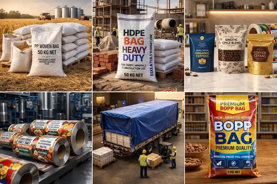 Durable tarpaulin covers and colorful BOPP bags from a leading Tarpaulin and BOPP Bag Manufacturer in India for industrial and commercial packaging.