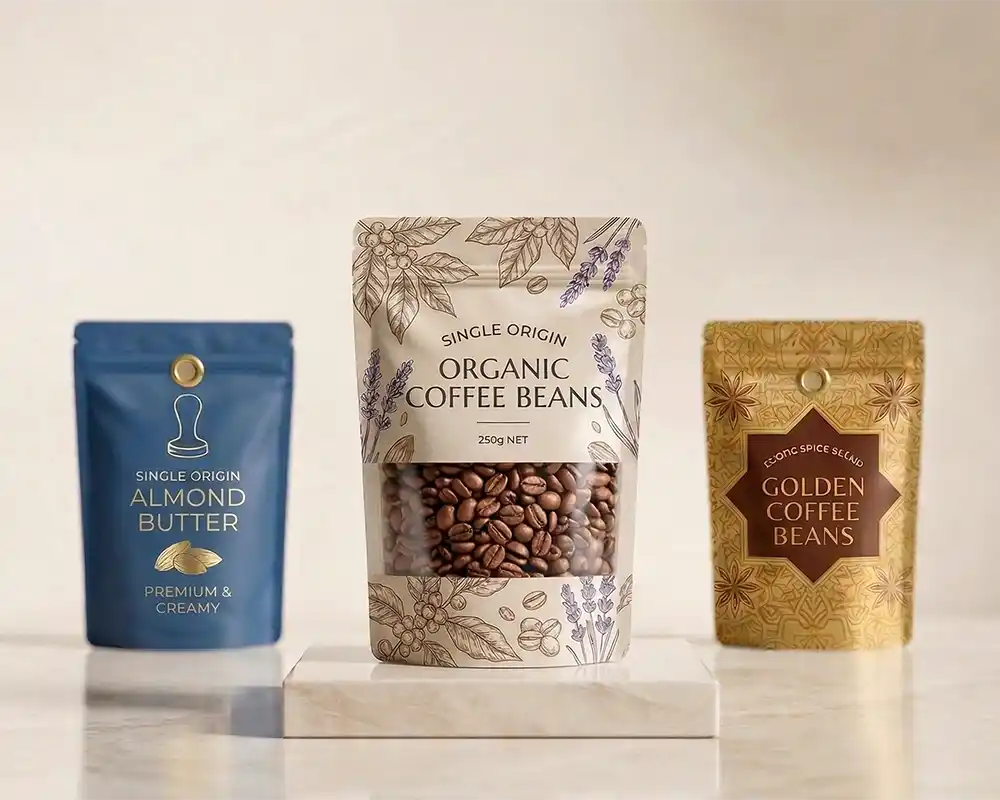 stand up laminated pouches with printed designs holding coffee beans and food products displayed by laminated pouch manufacturer in India