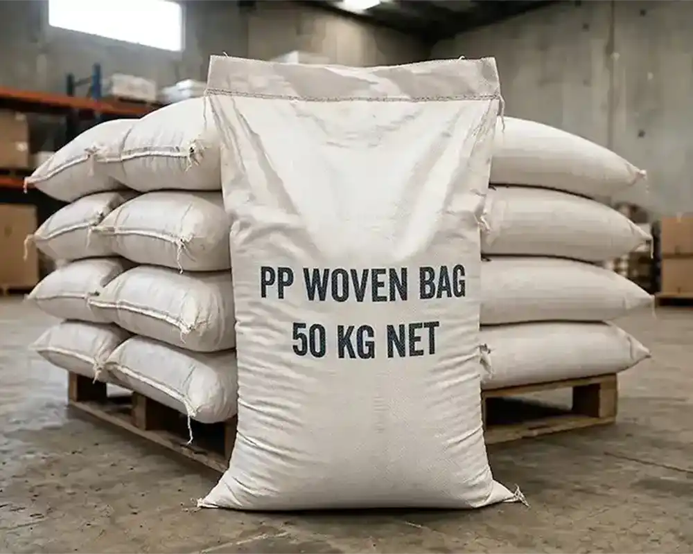 pp laminated woven bag 50 kg placed on pallet with stacked bags in warehouse by best packaging solution brand in India