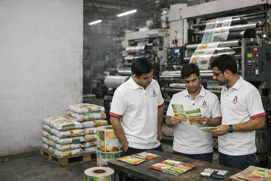 Best packaging solution brand in India with experts inspecting flexible packaging materials in a modern manufacturing facility