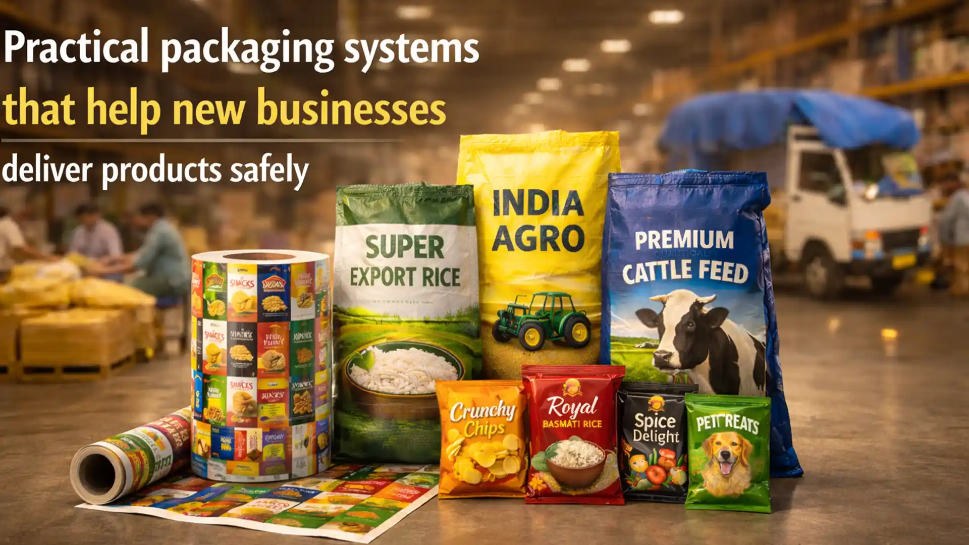 Packaging solution for new business showing laminated pouches, HDPE bags, printed packaging rolls, and flexible packaging products