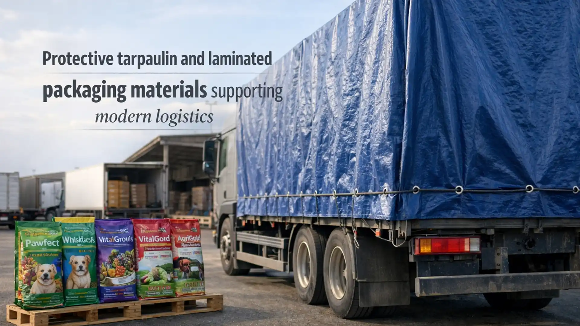 Truck covered with protective tarpaulin and laminated packaging bags used for industrial goods transport, showing durable tarpaulin and laminated packaging products