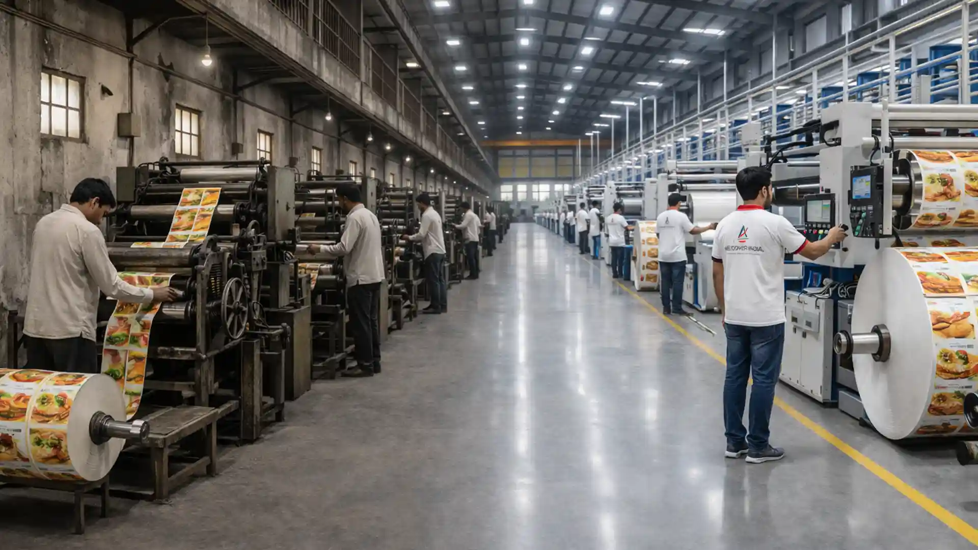 workers operating flexible packaging printing machines in large manufacturing unit producing laminated films by best packaging manufacturer in India