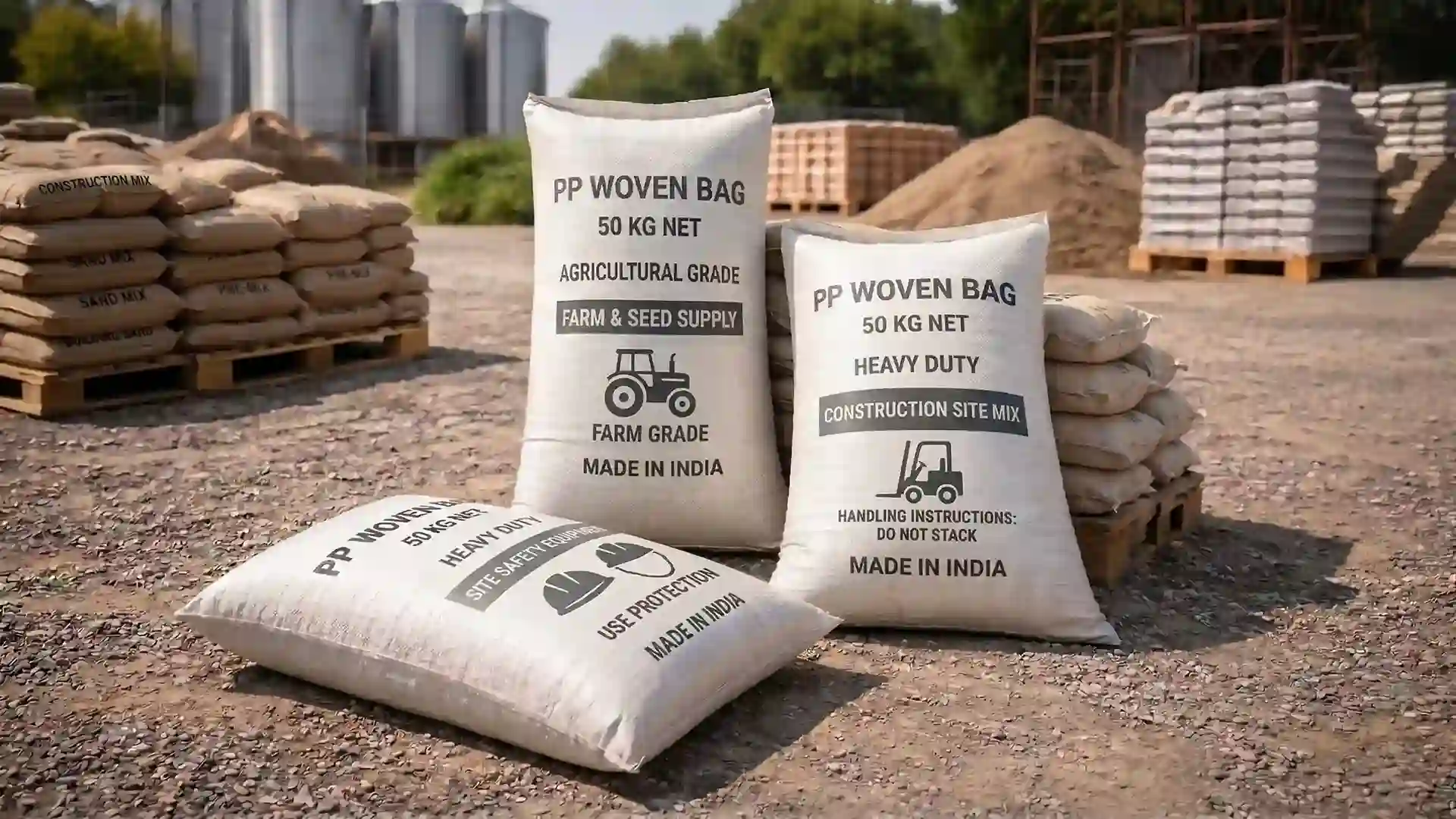 pp woven bags stacked on pallets at construction and agricultural site by best packaging bag factory in India