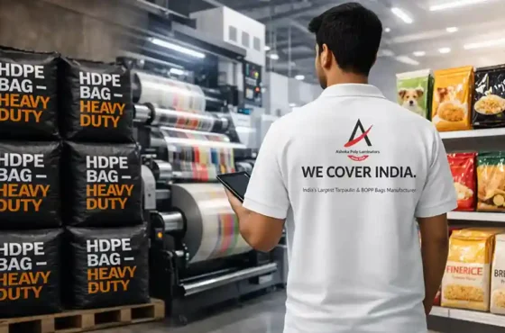 worker inspecting flexible packaging printing machine with hdpe bags and food packaging products in factory by best packaging bag factory in India