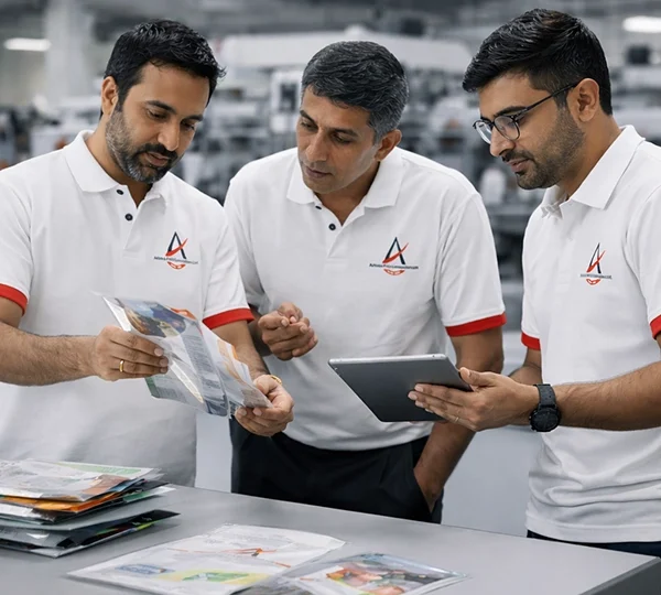 team of packaging professionals reviewing printed laminated pouch samples and designs in production unit by best packaging solution brand in India