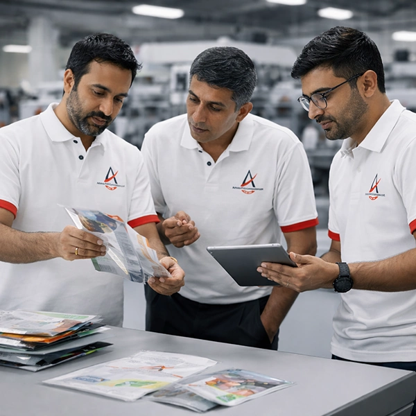 team of packaging professionals reviewing printed laminated pouch samples and designs in production unit by best packaging solution brand in India