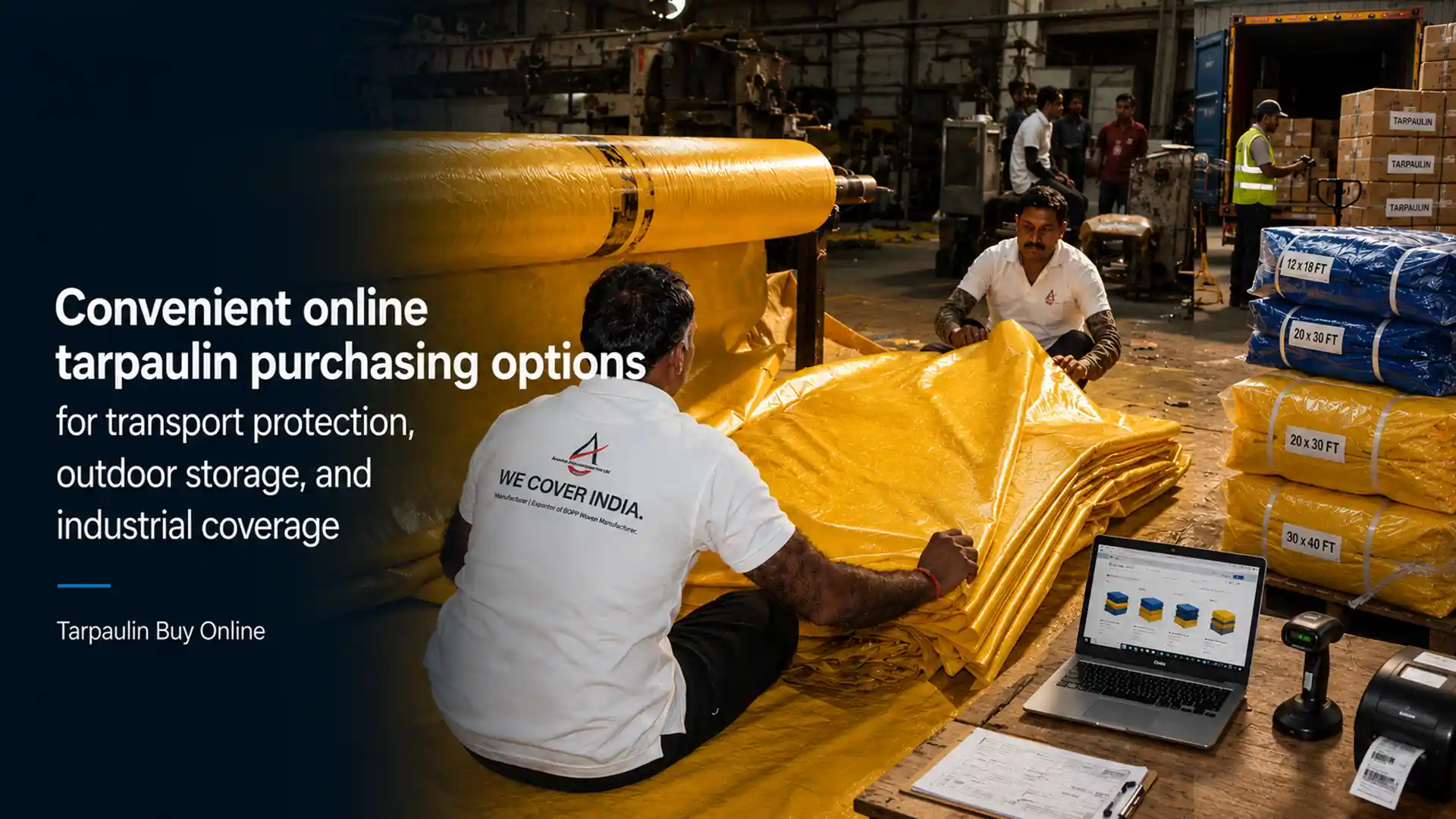 Workers handling industrial tarpaulin sheets in a manufacturing facility showcasing convenient tarpaulin buy online solutions for transport and outdoor protection