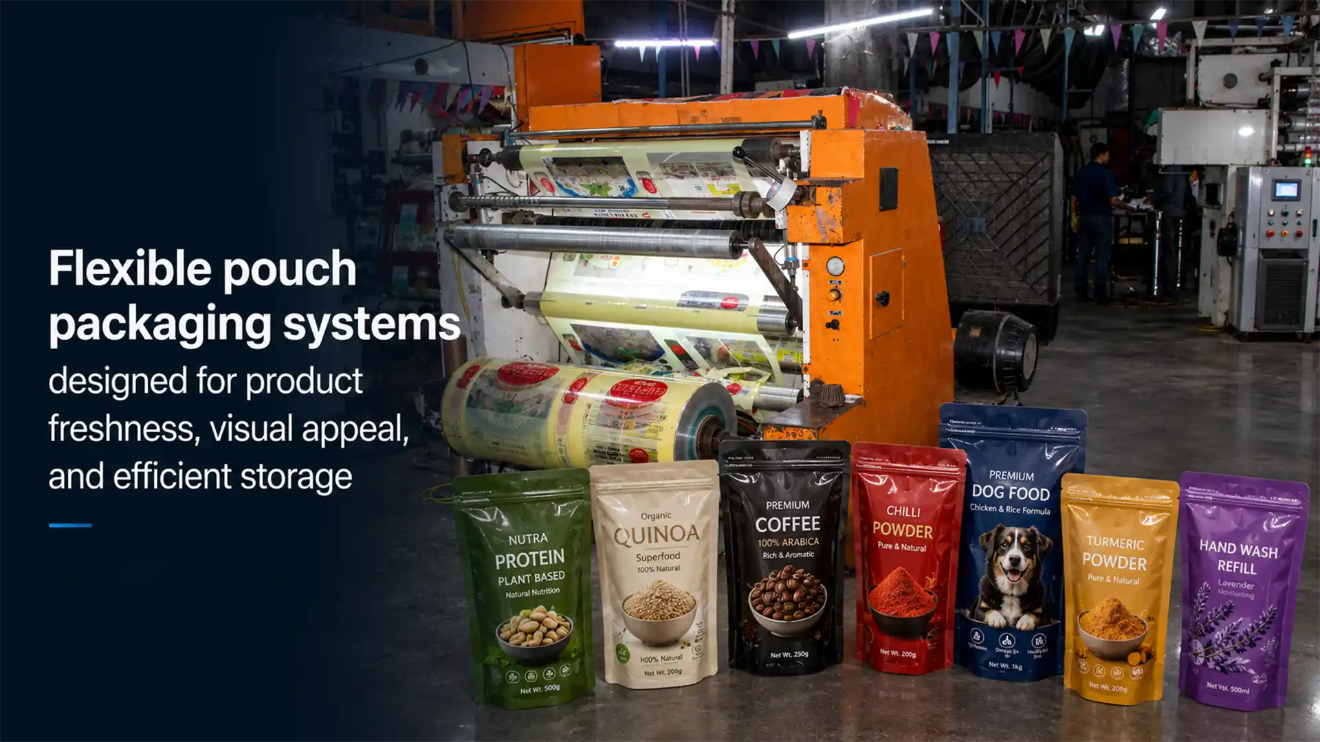 Industrial flexible packaging machine producing custom laminated pouches for food, coffee, spices, and consumer products by a laminated pouch manufacturer
