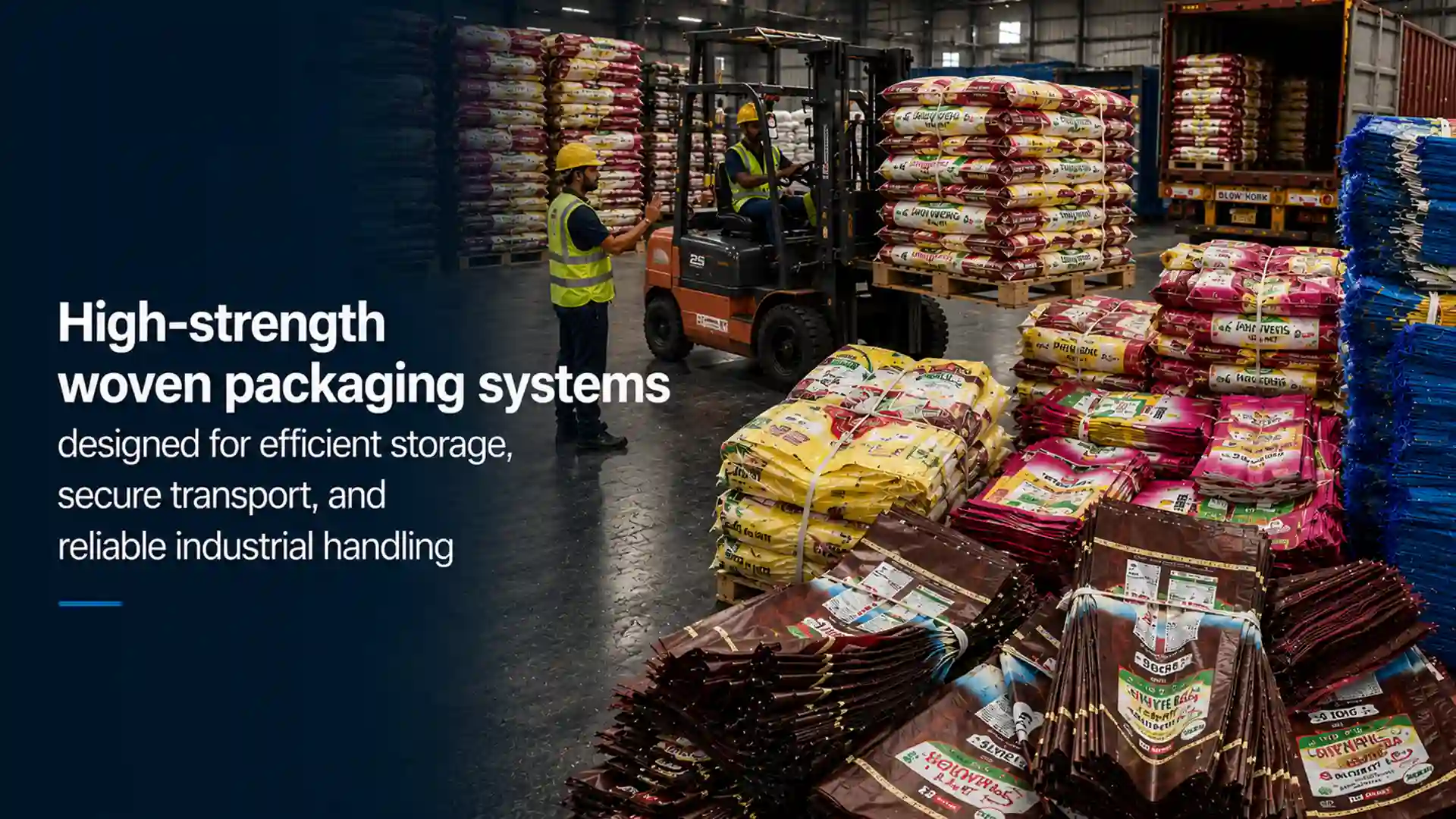 Industrial warehouse using the best HDPE woven bags brand in India for bulk storage, secure transport, and reliable heavy-duty packaging applications