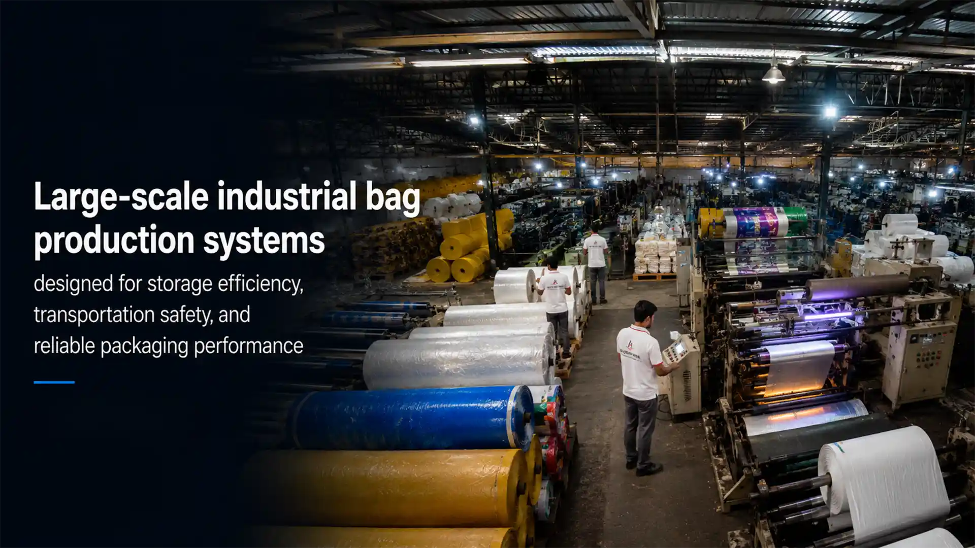 Modern packaging bags factory manufacturing durable industrial packaging bags with advanced production systems for safe storage and transportation
