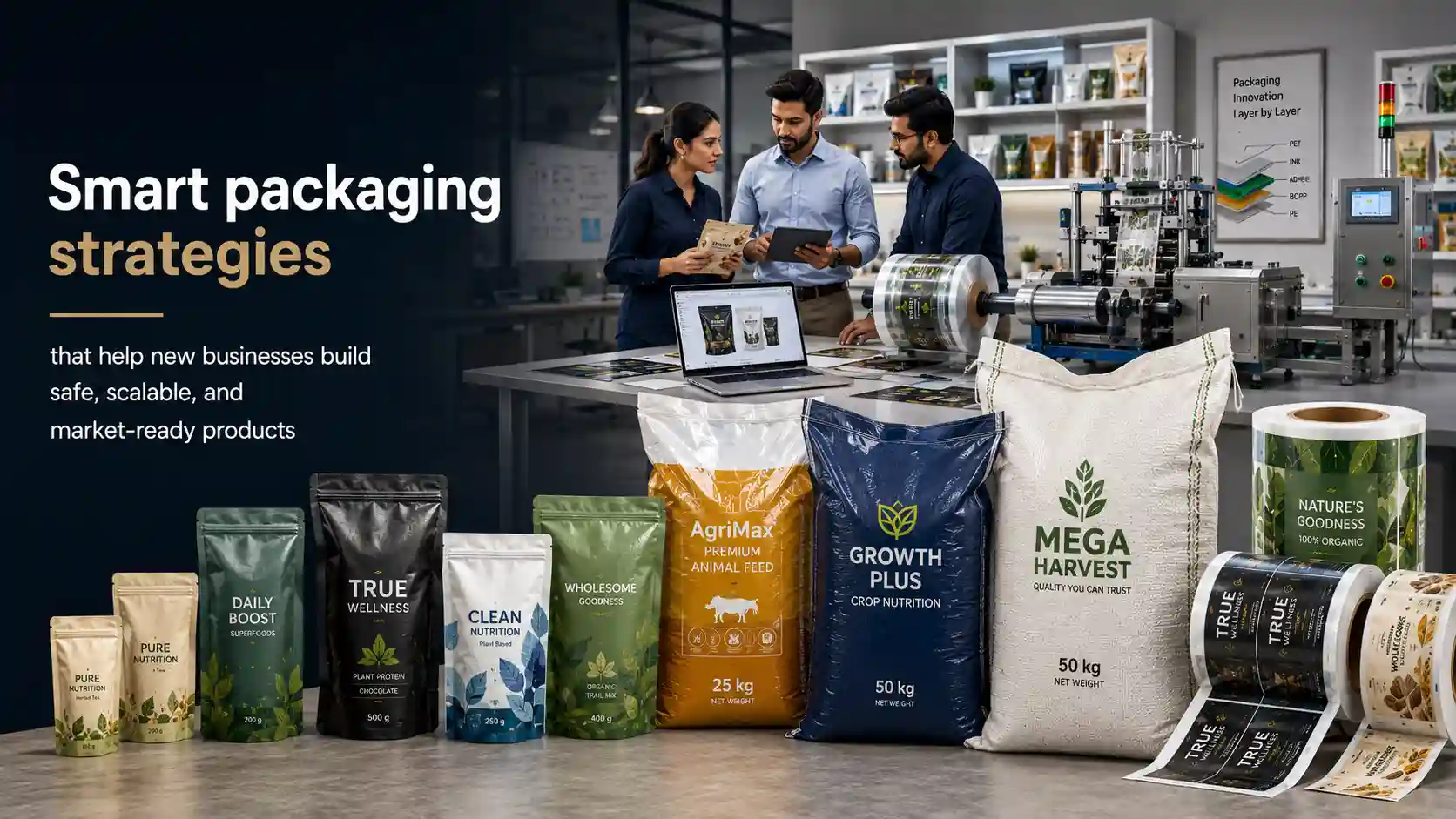 Packaging solution for new business featuring flexible pouches, woven bags, printed labels, and scalable product packaging systems