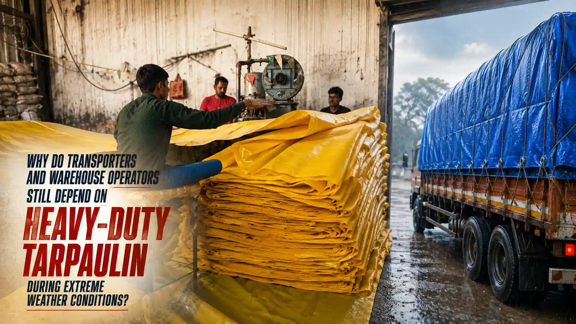 Best Tarpaulin Brand in India manufacturing heavy-duty tarpaulin sheets used for truck covers, warehouse protection, and extreme weather applications