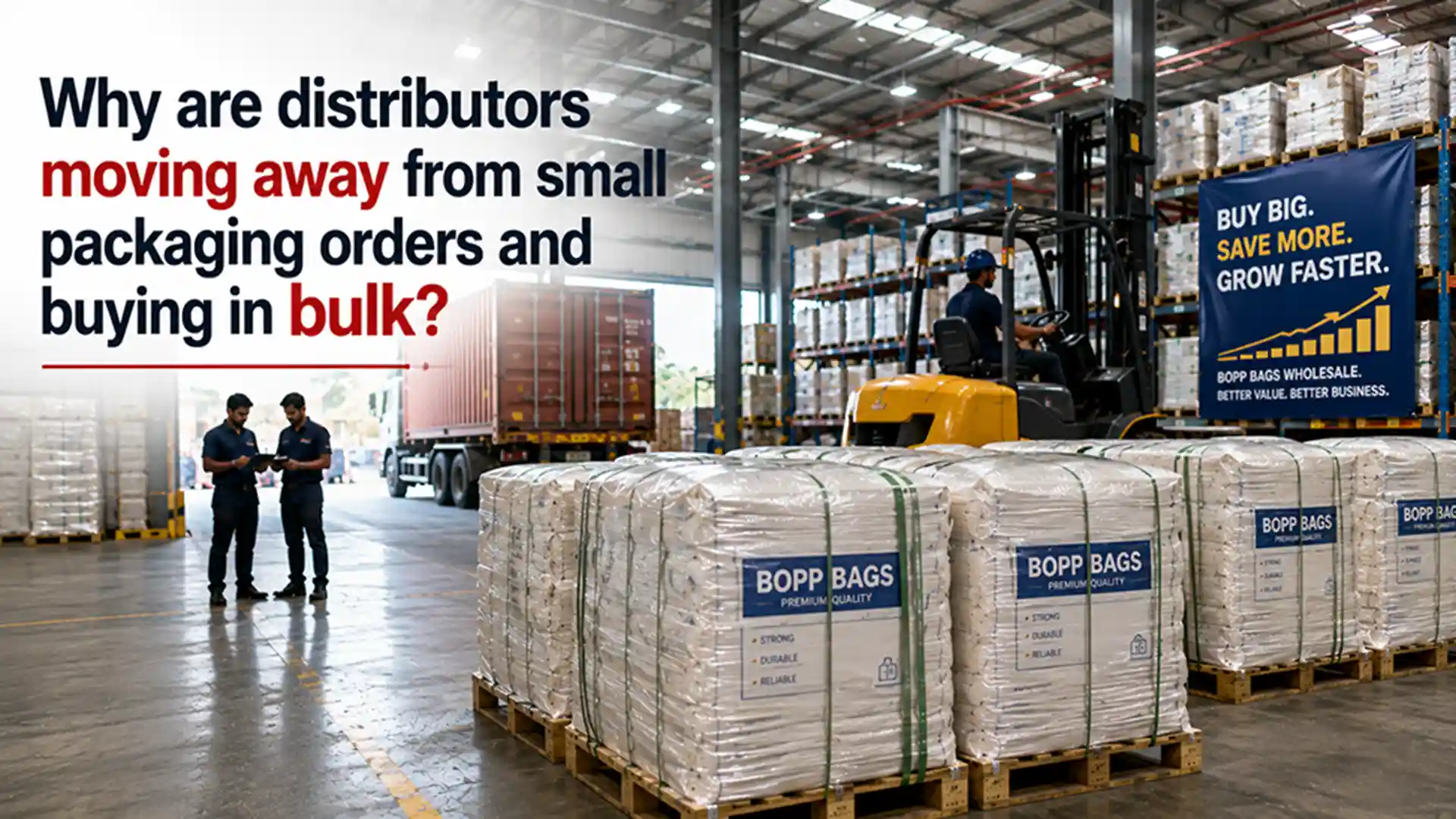 Warehouse showcasing BOPP Bags Wholesale with bulk packaging orders, palletized bags, and efficient logistics for distributors and manufacturers