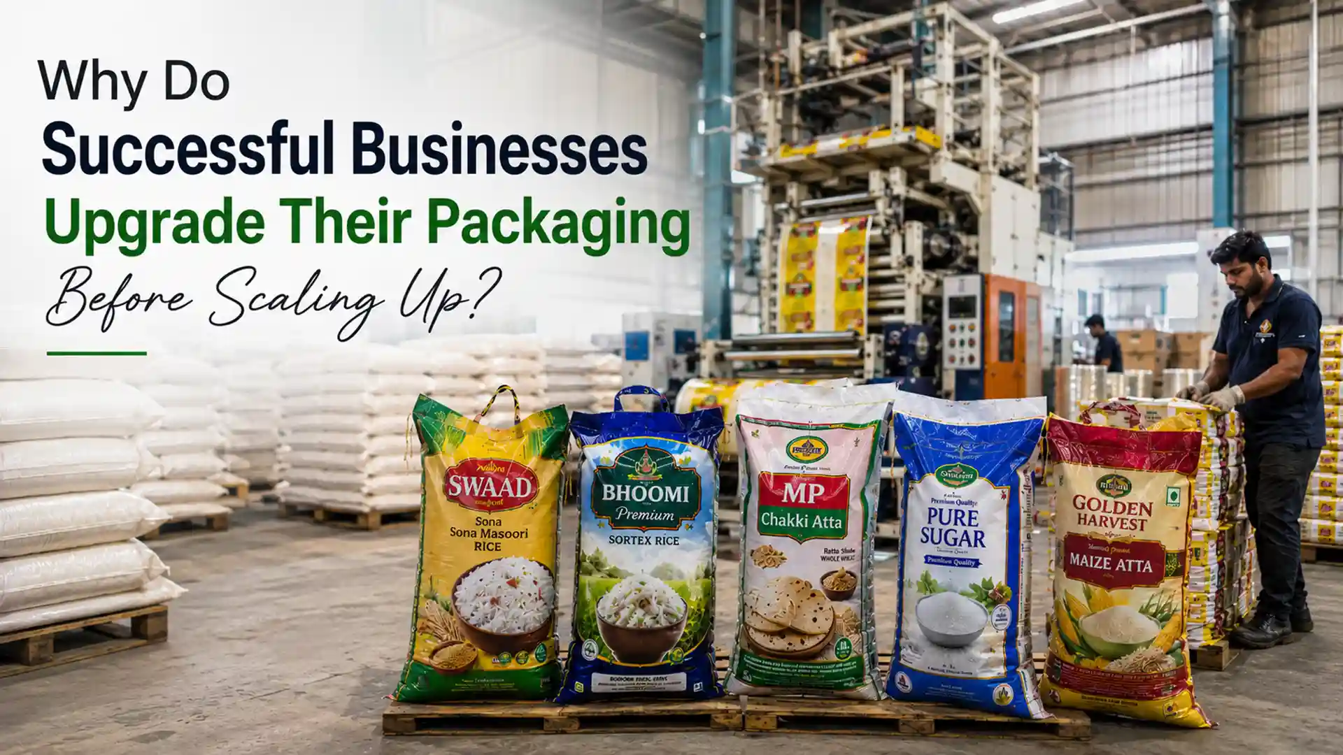 BOPP Bags Manufacturer producing premium printed woven bags for rice, flour, sugar, and food products in a modern packaging facility with advanced printing and packaging technology