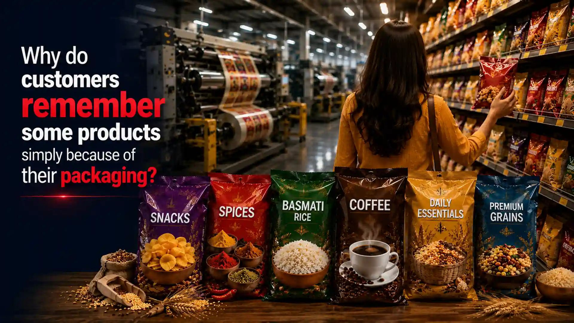Premium Printed Packaging Bags for snacks, spices, rice, coffee, grains, and daily essentials, designed to enhance shelf presence, brand recognition, and product protection.
