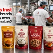 Modern food production facility with premium stand-up pouches from a Food Packaging Pouch Supplier, designed for spices, rice, tea, dry fruits, and packaged food products