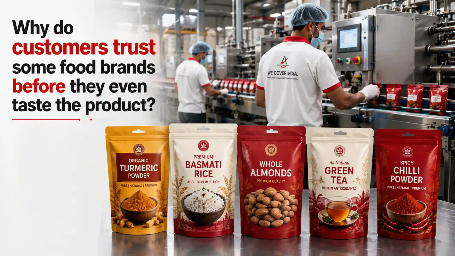 Modern food production facility with premium stand-up pouches from a Food Packaging Pouch Supplier, designed for spices, rice, tea, dry fruits, and packaged food products