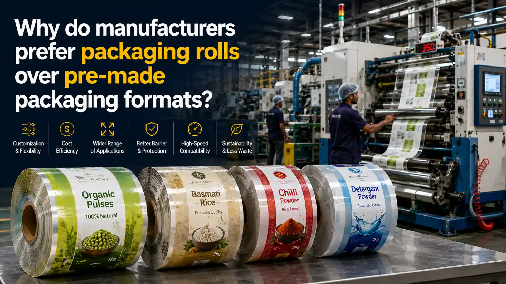 Flexible Packaging Rolls Supplier providing custom printed packaging rolls for food, spices, pulses, rice, and FMCG packaging applications