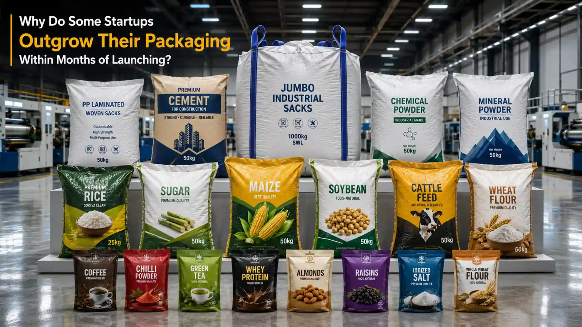 Industrial packaging bags and jumbo sacks showcasing packaging solutions for new business and startup product packaging needs.