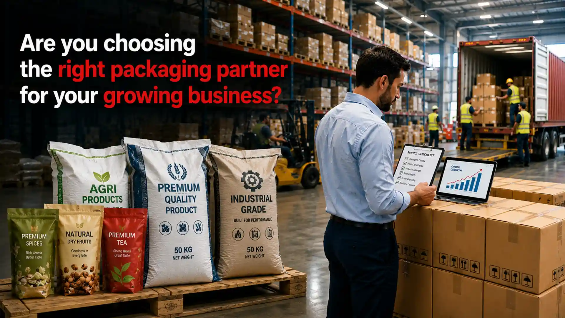 A modern Packaging Bags Factory producing premium packaging bags for agricultural products, industrial materials, spices, tea, and dry fruits with strict quality control and efficient manufacturing.