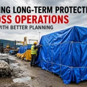 Industrial equipment and materials covered with heavy-duty blue tarpaulins at a worksite, showcasing reliable protection through a Tarpaulin Bulk Order for large-scale outdoor operations.