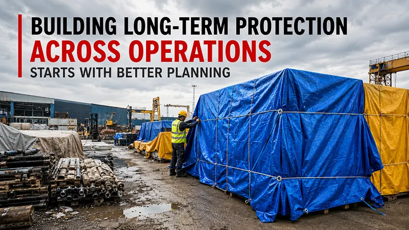 Industrial equipment and materials covered with heavy-duty blue tarpaulins at a worksite, showcasing reliable protection through a Tarpaulin Bulk Order for large-scale outdoor operations.