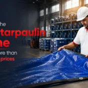 Quality inspection of a heavy-duty tarpaulin before purchase, highlighting why Tarpaulin Buy Online requires attention to material strength, finish, and durability.