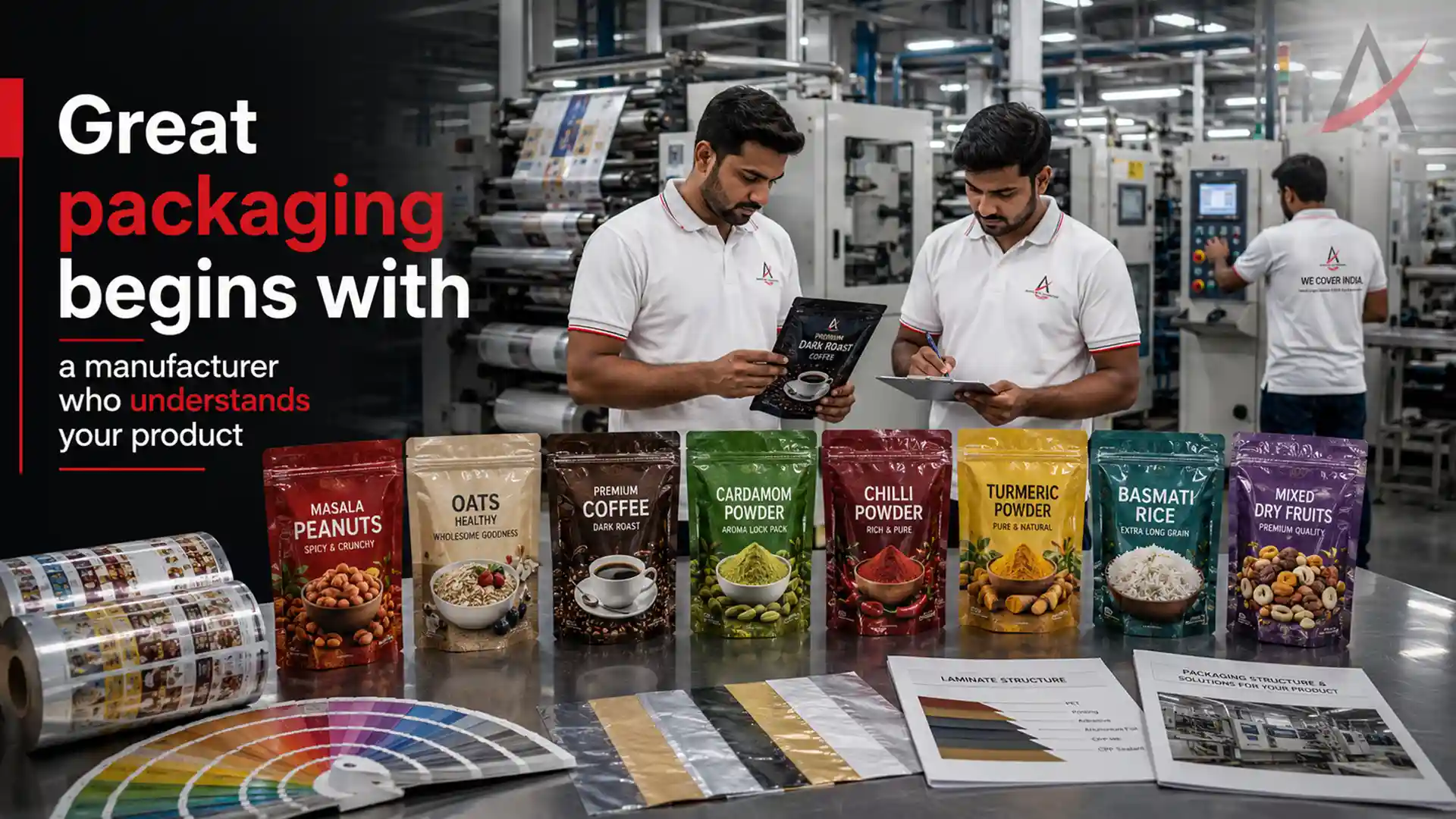 Advanced production facility of a Laminated Pouch Manufacturer showcasing printed laminated pouches, packaging films, quality inspection, and custom flexible packaging solutions.