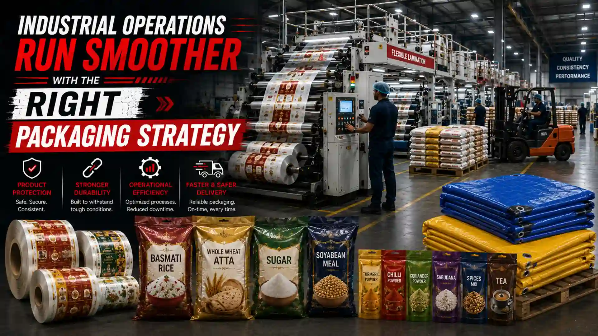 Modern packaging facility of an Industrial Packaging Supplier producing flexible laminated rolls, BOPP bags, HDPE woven bags, and industrial packaging for food and agricultural products.