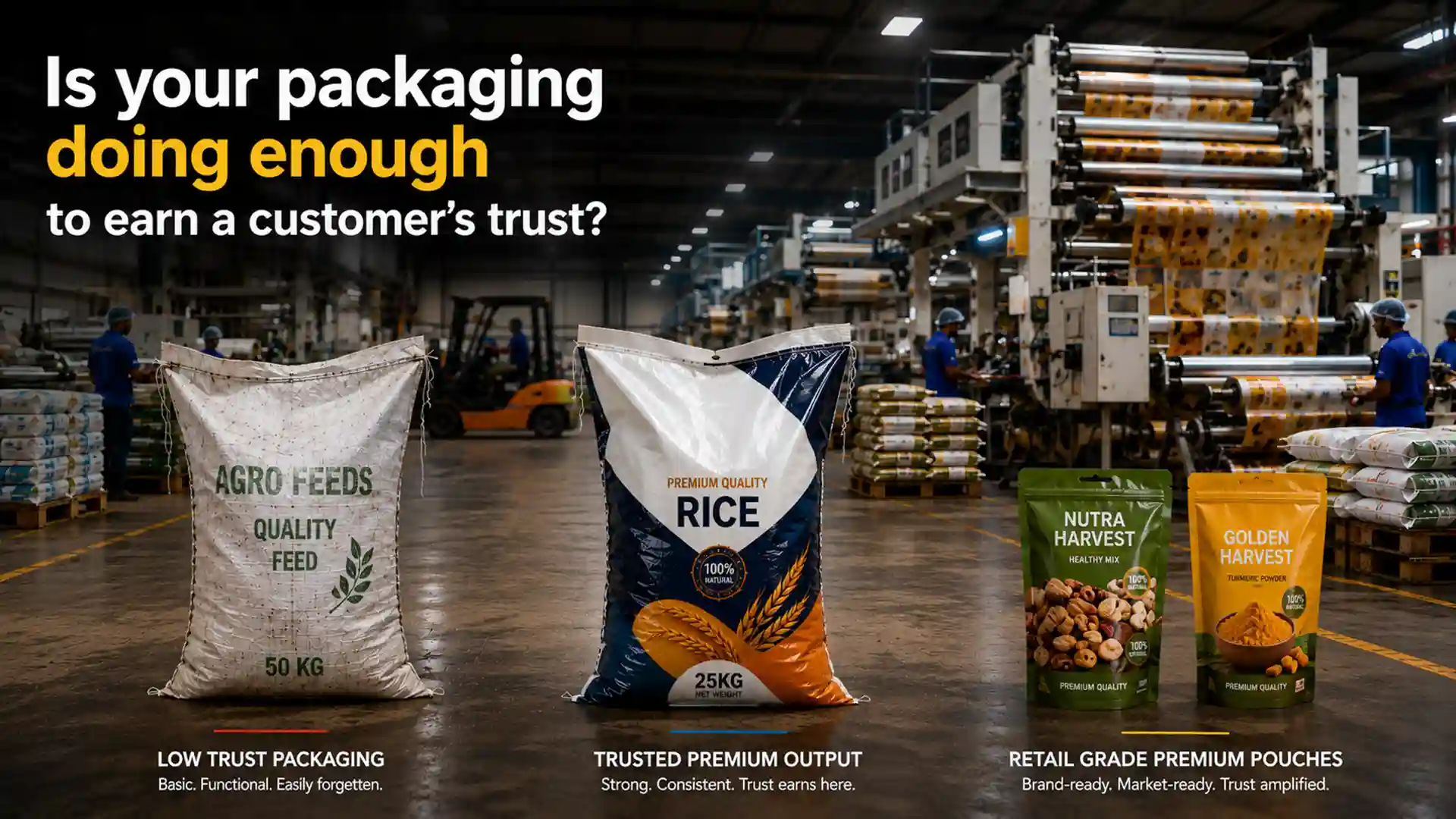 Modern Packaging Bags Factory manufacturing premium BOPP bags, HDPE woven bags, and flexible pouches for industrial and retail packaging.