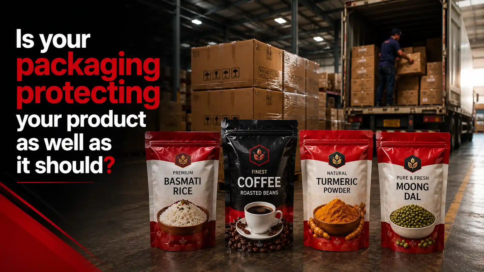 Premium Laminated Pouch packaging for rice, coffee, turmeric powder, and moong dal, designed to protect products from moisture, contamination, and damage during storage and transportation.