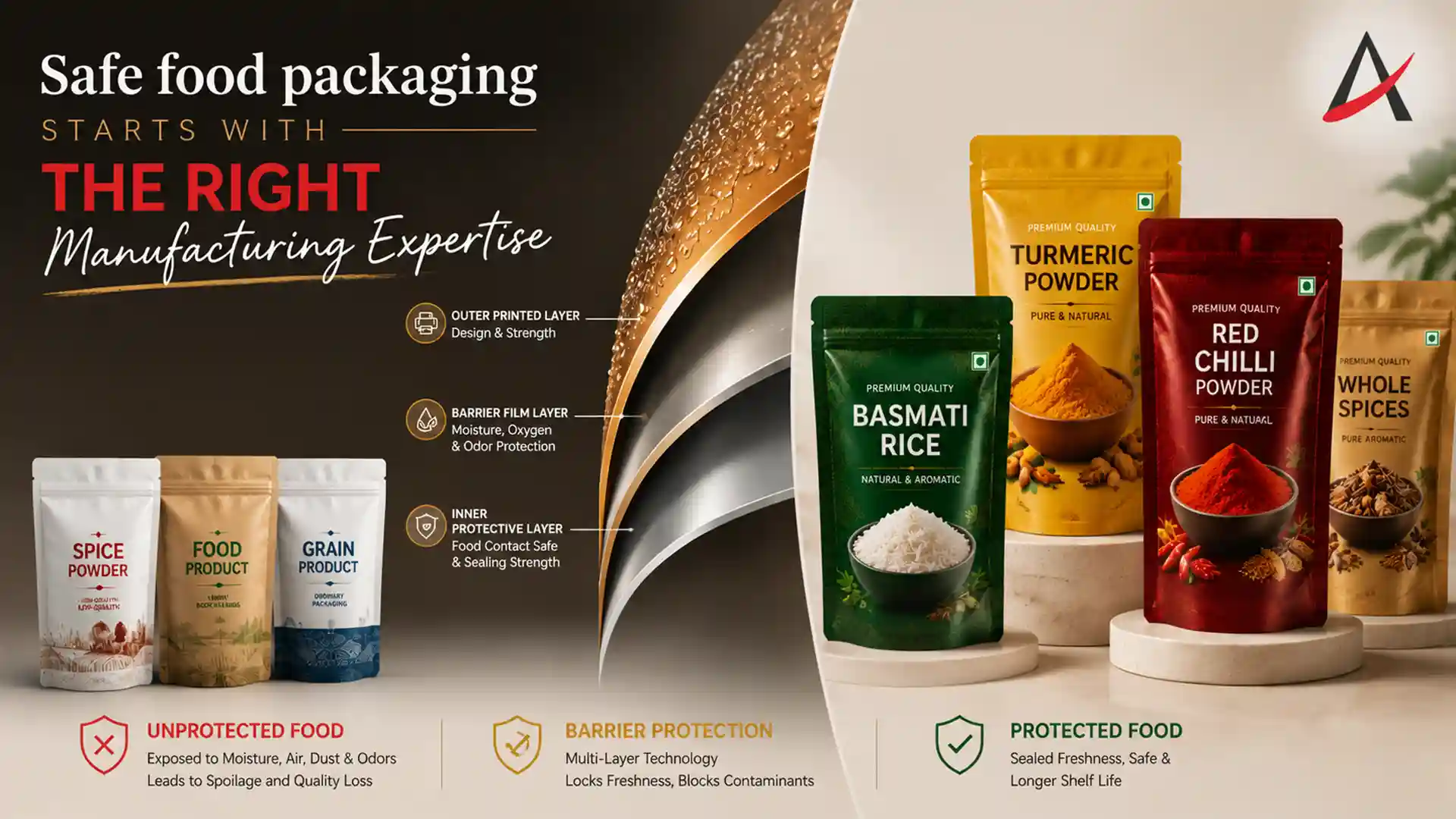 Premium stand-up food packaging pouches with multi-layer barrier protection from a trusted Food Packaging Pouch Supplier for spices, grains, rice, and food products.