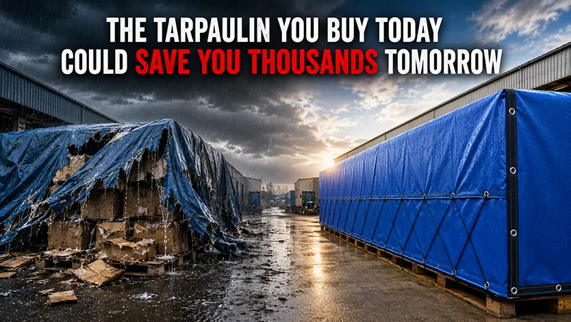 Heavy-duty Best Quality Tarpaulin in India protecting goods from rain, moisture, and harsh outdoor conditions in an industrial storage area.