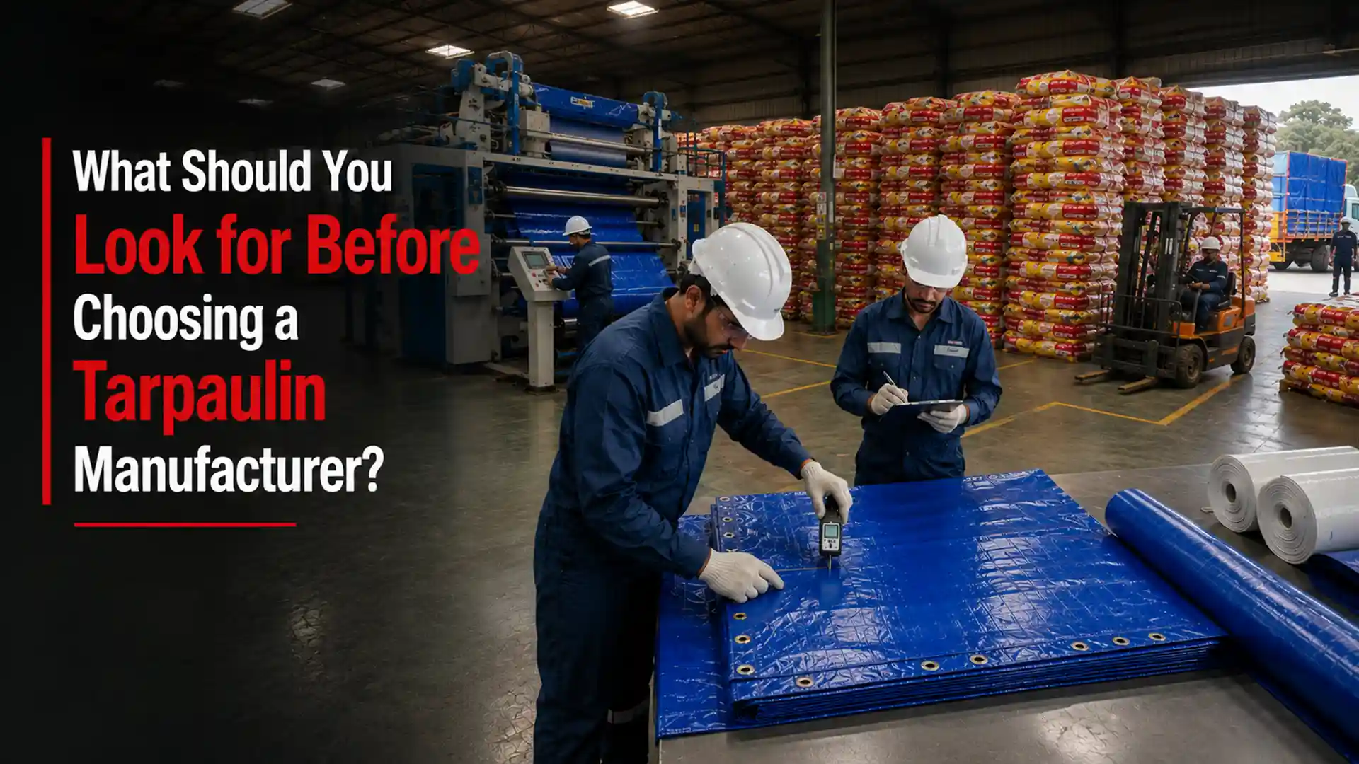 Quality inspection of heavy-duty tarpaulins at a Tarpaulin Manufacturer facility, ensuring strength, durability, waterproof performance, and consistent manufacturing standards.