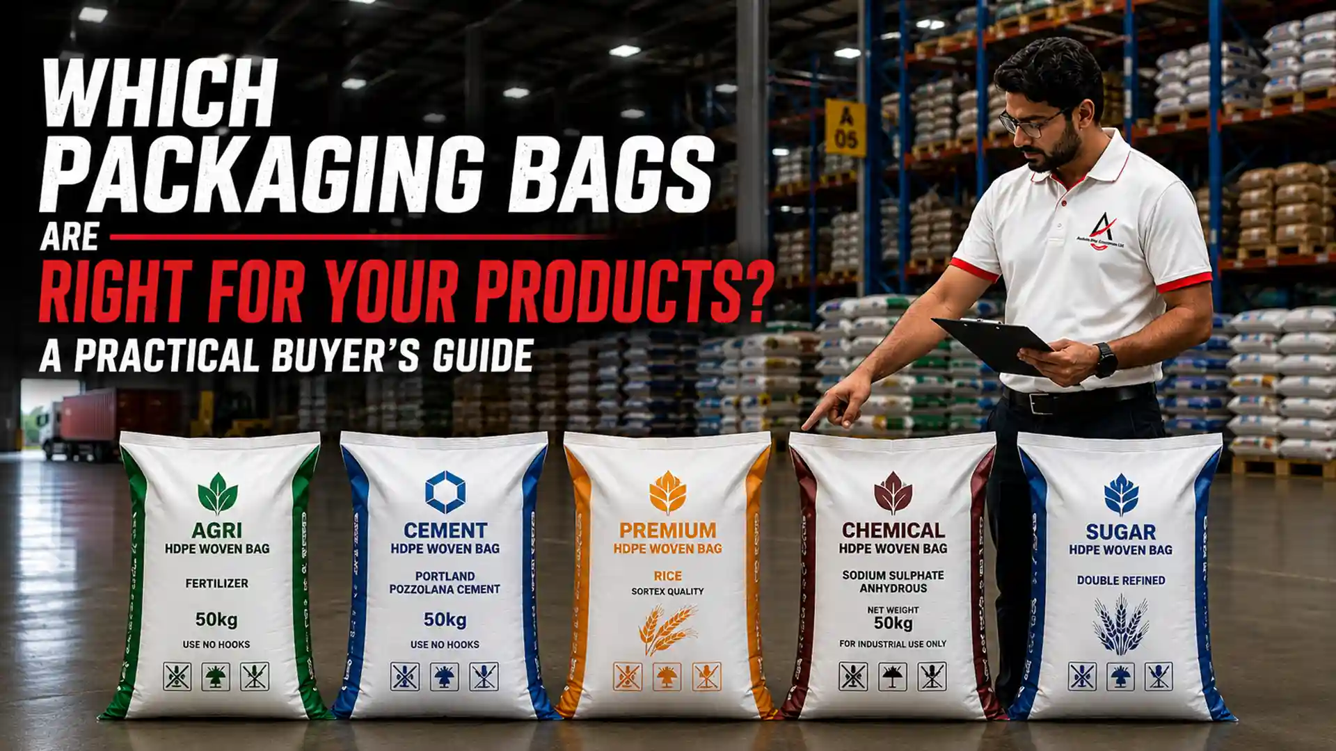 Different types of HDPE Bags for agriculture, cement, rice, chemicals, and sugar displayed in a warehouse, helping buyers choose the right industrial packaging solution.